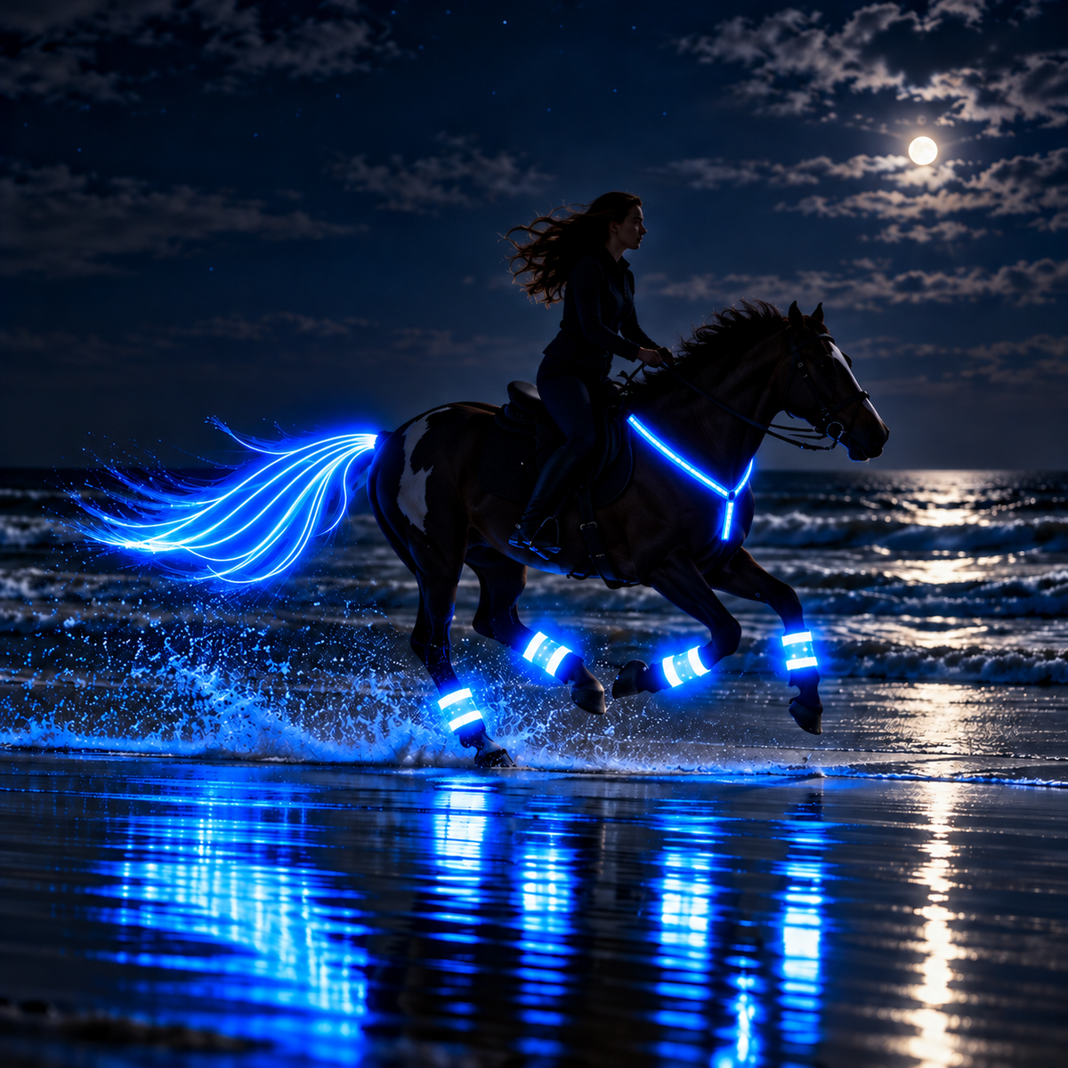 Rider cantering under the moon with LED gear