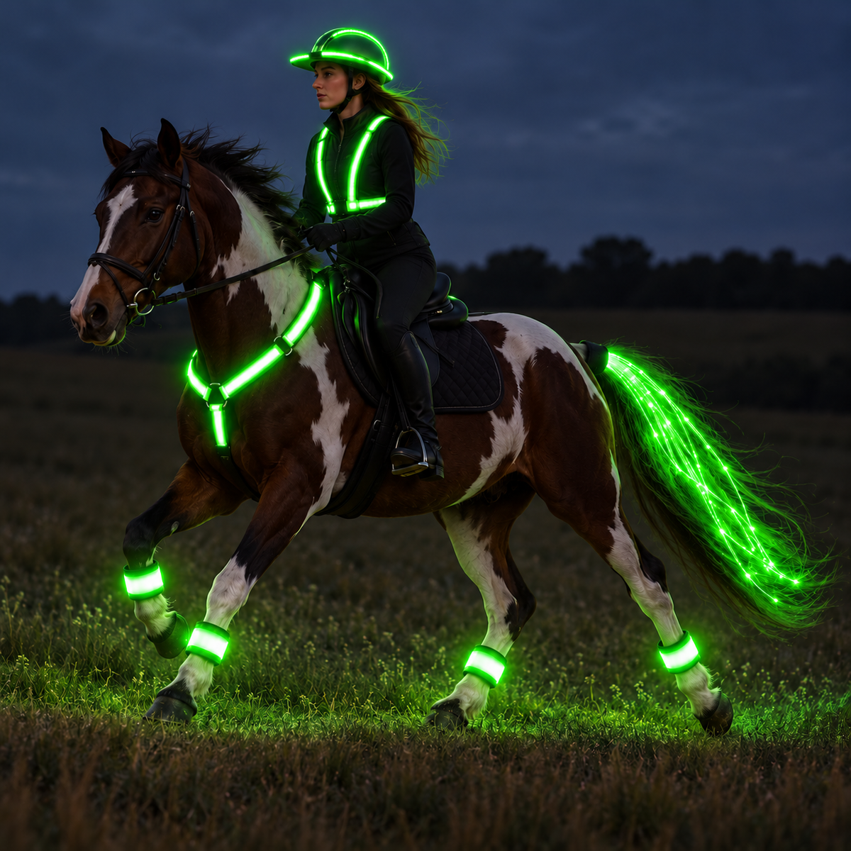 Rider and horse lit in green LED