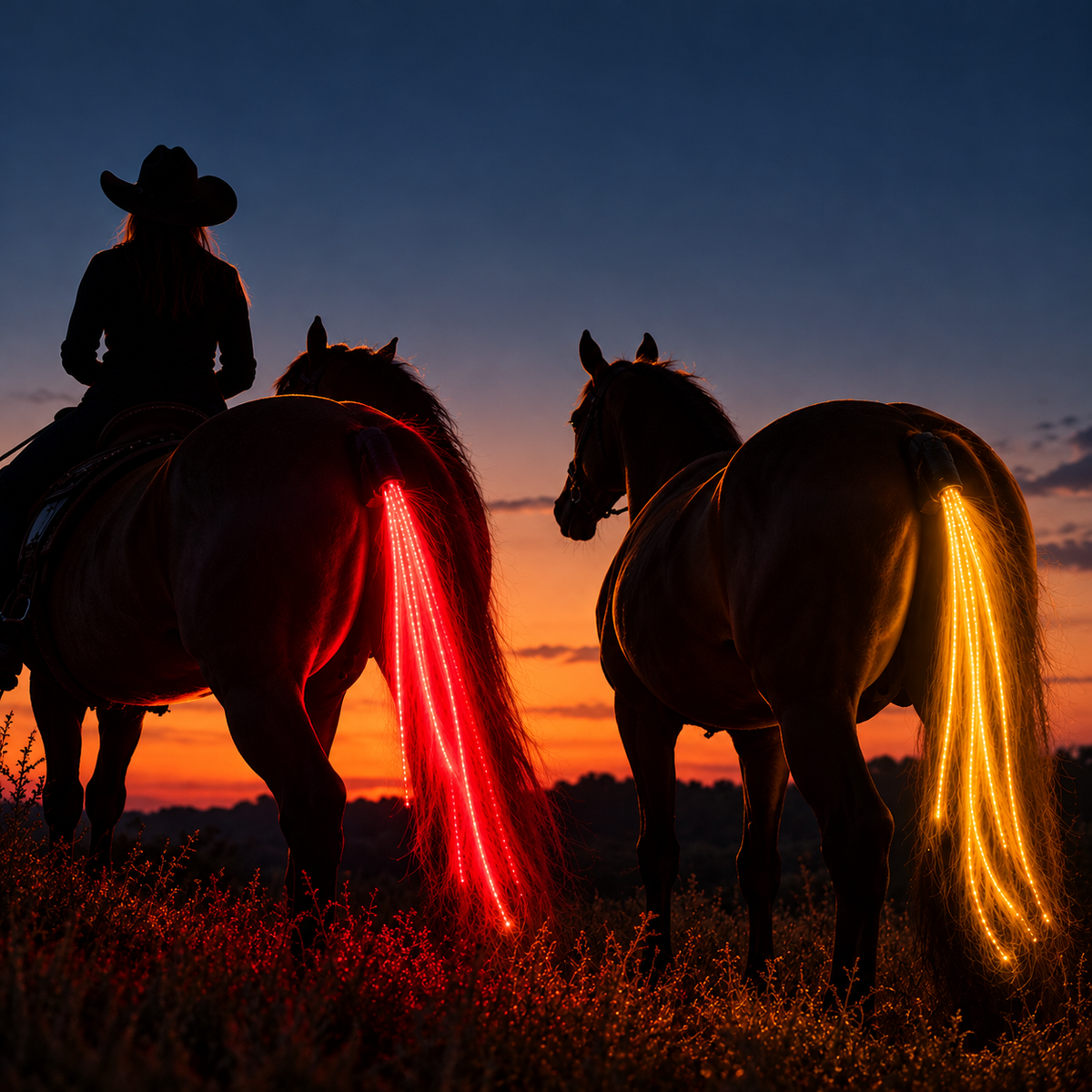 Riders at dusk with glowing tail lights