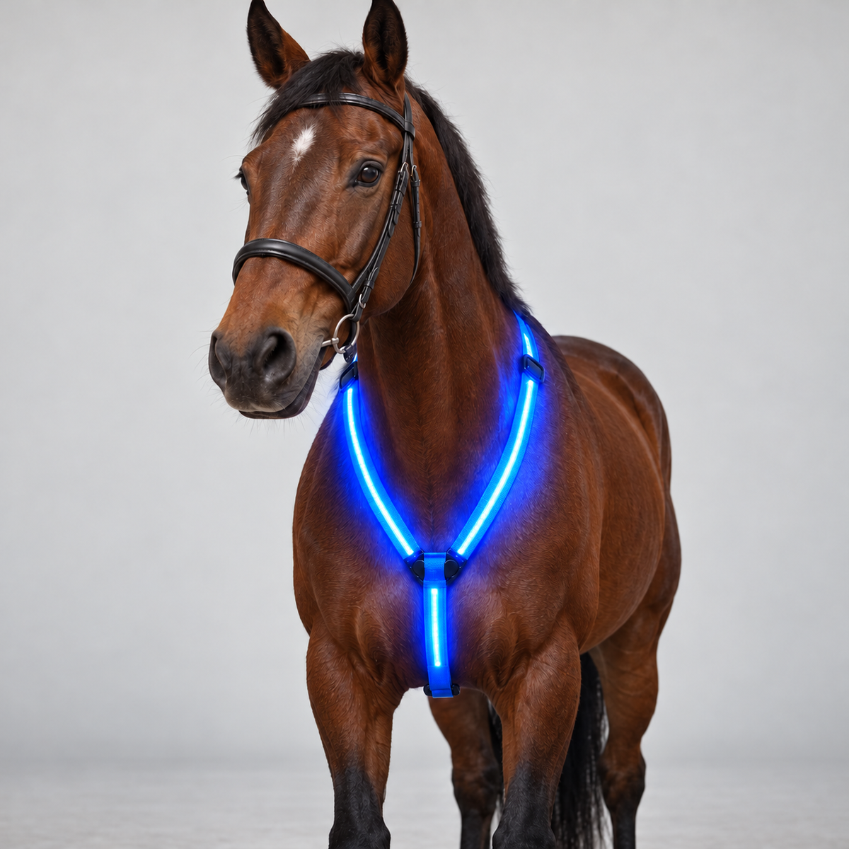 Bay horse wearing blue LED chest strap