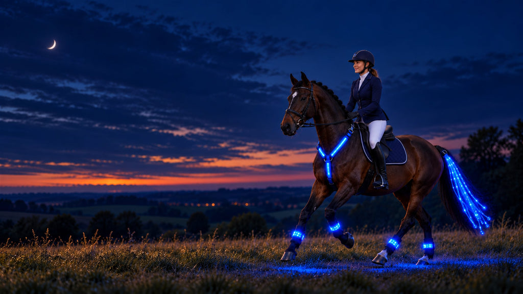 Rider cantering at dusk with the HaloTack kit glowing blue