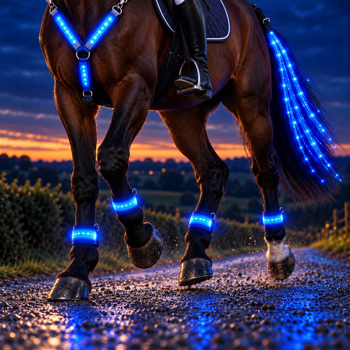 Horse trotting at dusk with glowing leg bands