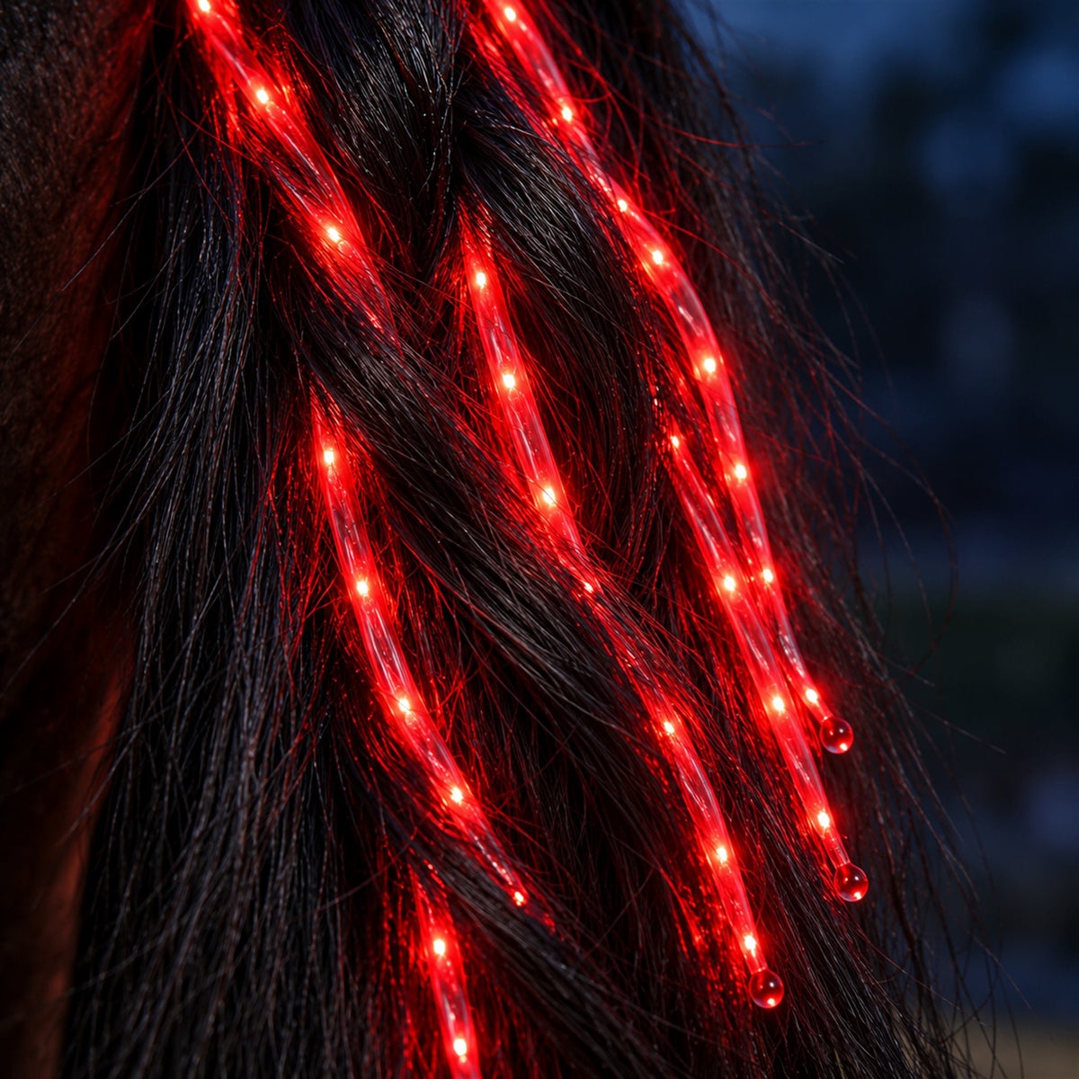 Red LED strands woven through a dark tail
