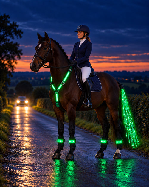 Horse and rider glowing green on a road as a car approaches